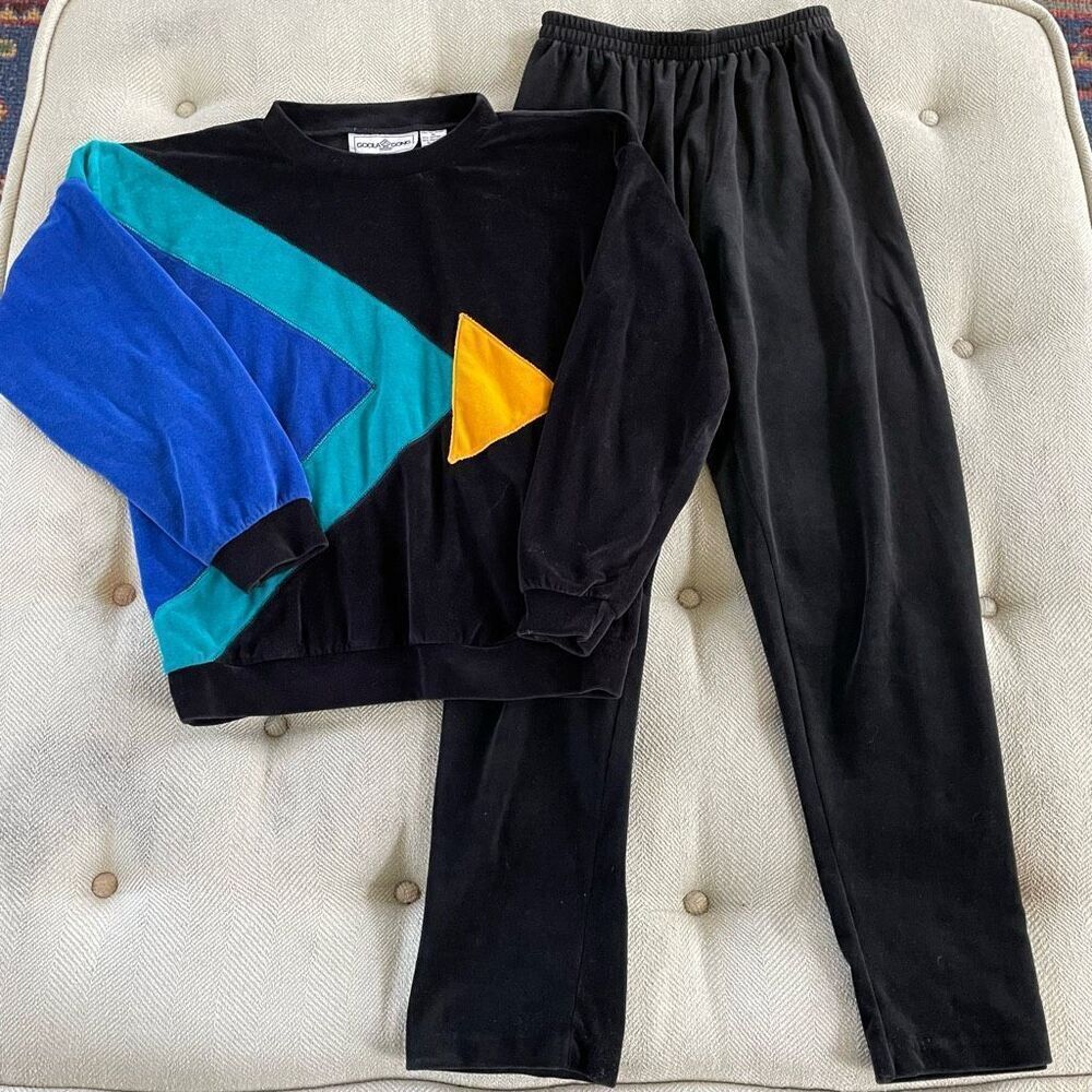 Vintage 80s Goolagong Velour Geometric Shape Track Suit Sweatshirt Pants S M